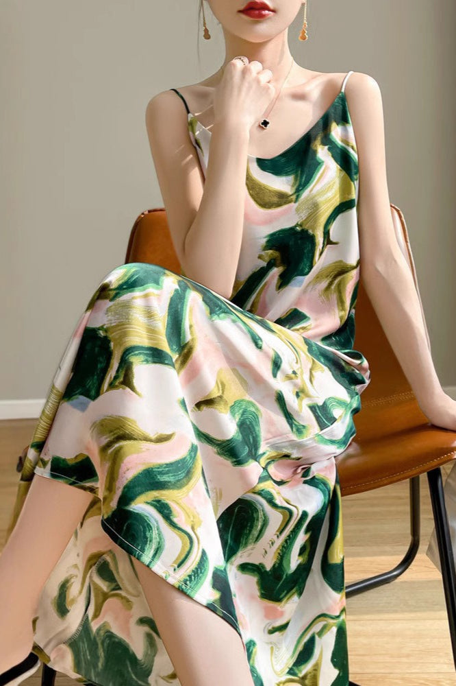 Printed V-Neck Satin Cami Maxi Silk Dress