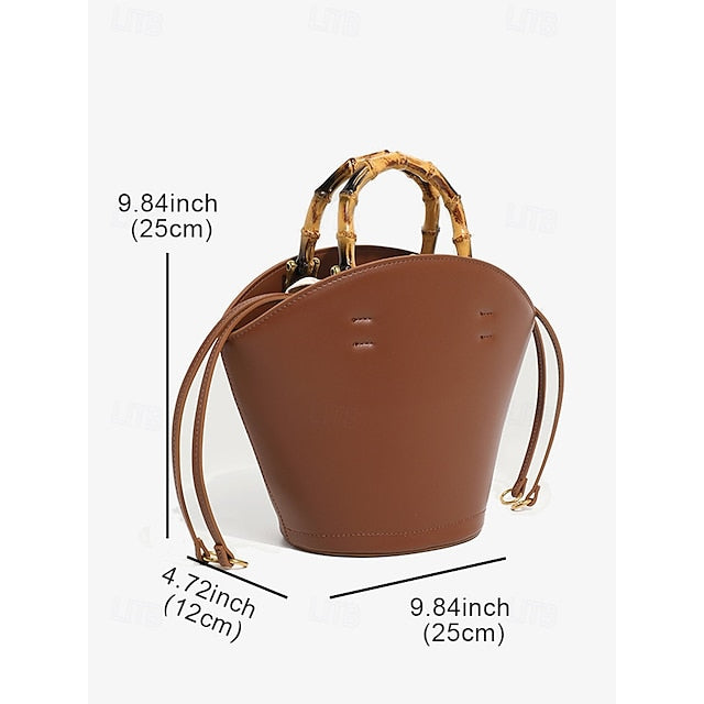 Bucket Bag Bamboo Handle Leather Brown with