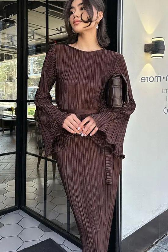 Celebrity Style Crew Neck Bell Sleeve Shift Pleated Maxi Dress - Brown  Fashionpara