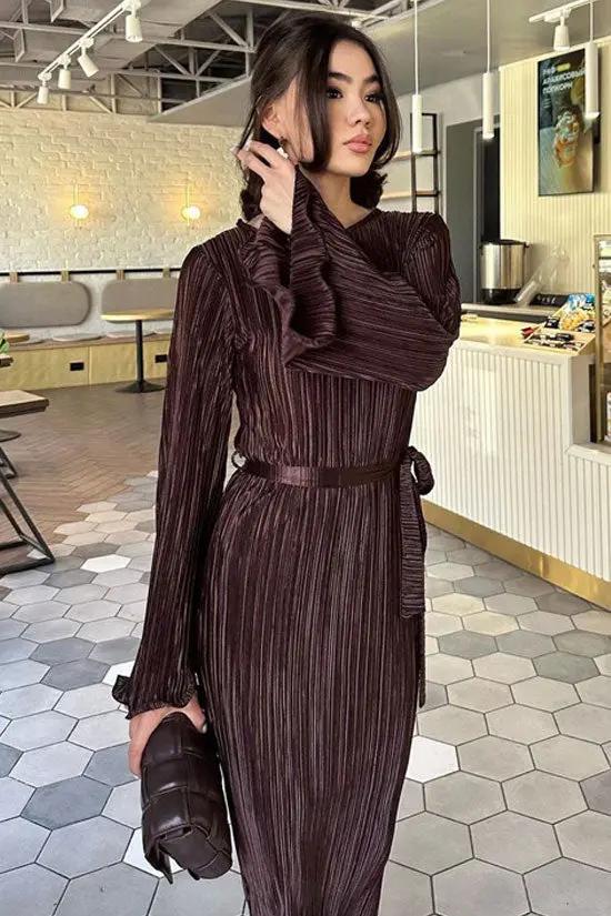 Celebrity Style Crew Neck Bell Sleeve Shift Pleated Maxi Dress - Brown  Fashionpara