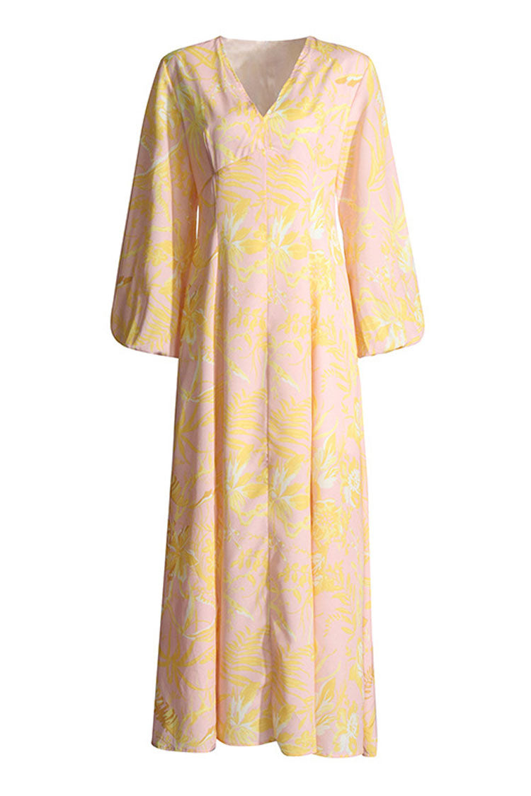 Celebrity V Neck Blouson Sleeve A Line Pleated Split Floral Print Maxi Dress - Fashionpara