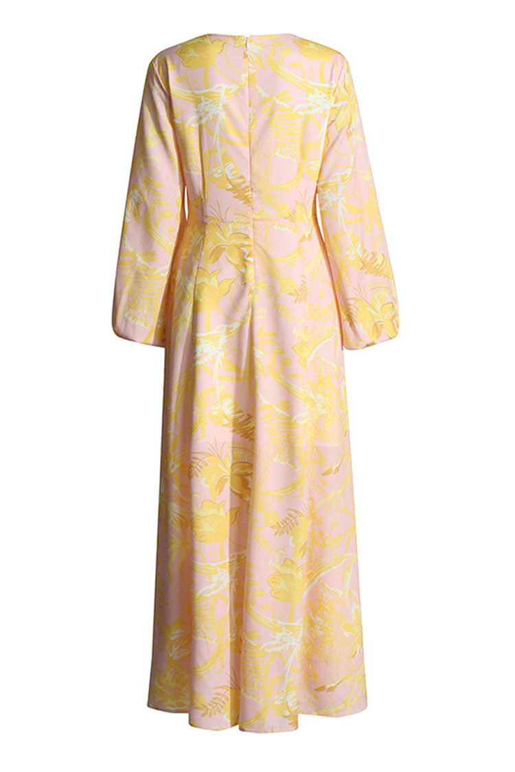 Celebrity V Neck Blouson Sleeve A Line Pleated Split Floral Print Maxi Dress - Fashionpara