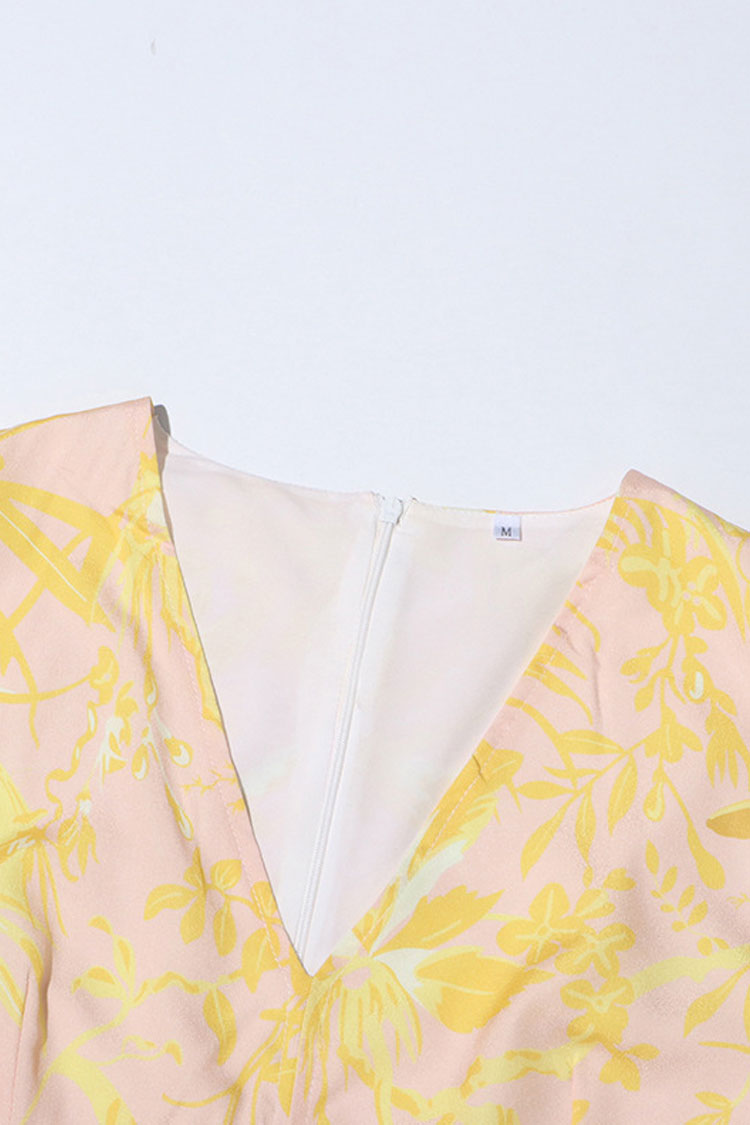 Celebrity V Neck Blouson Sleeve A Line Pleated Split Floral Print Maxi Dress - Fashionpara