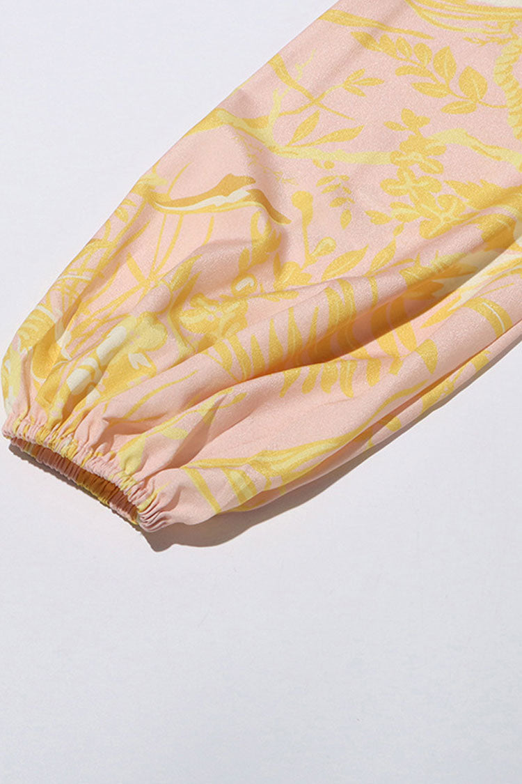 Celebrity V Neck Blouson Sleeve A Line Pleated Split Floral Print Maxi Dress - Fashionpara