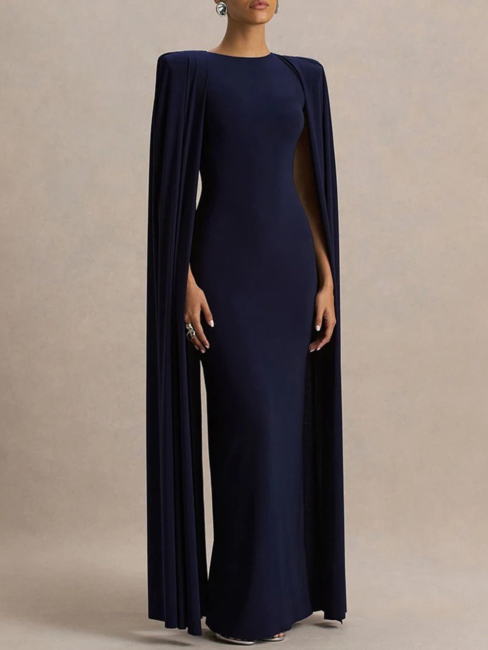 Cape Sleeve Round Neck Bodycon Maxi Evening Gown