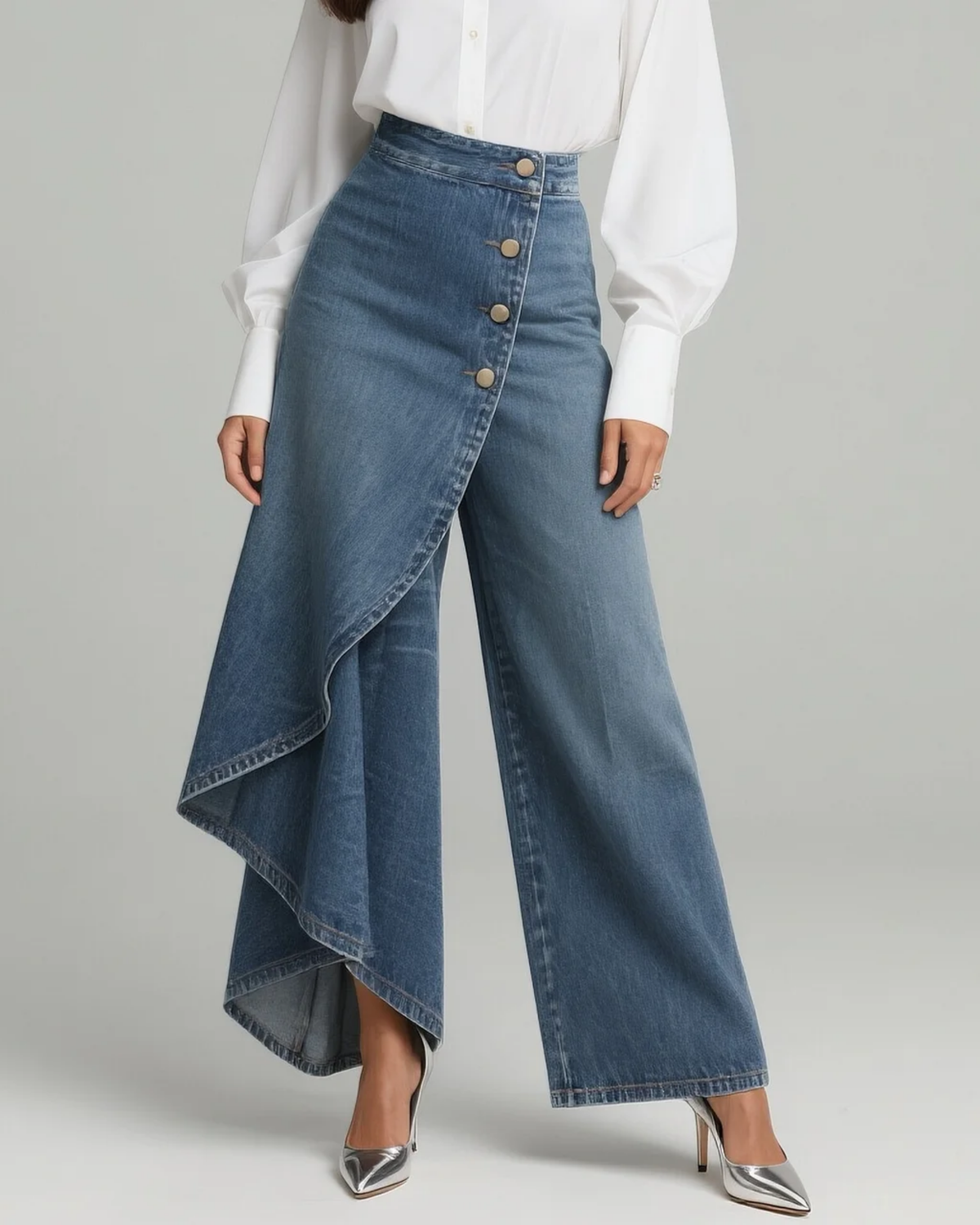 High Waist Ruffle Wrap Overlay Wide Leg Jeans 2