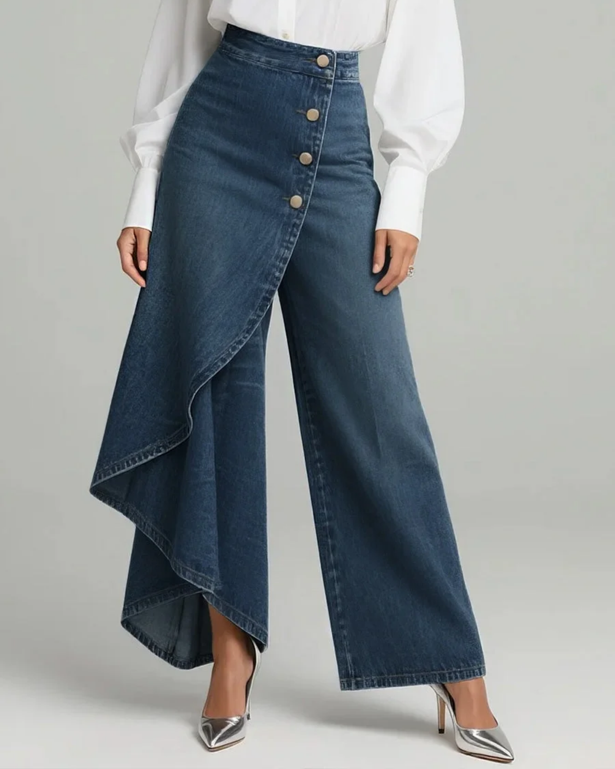High Waist Ruffle Wrap Overlay Wide Leg Jeans 3