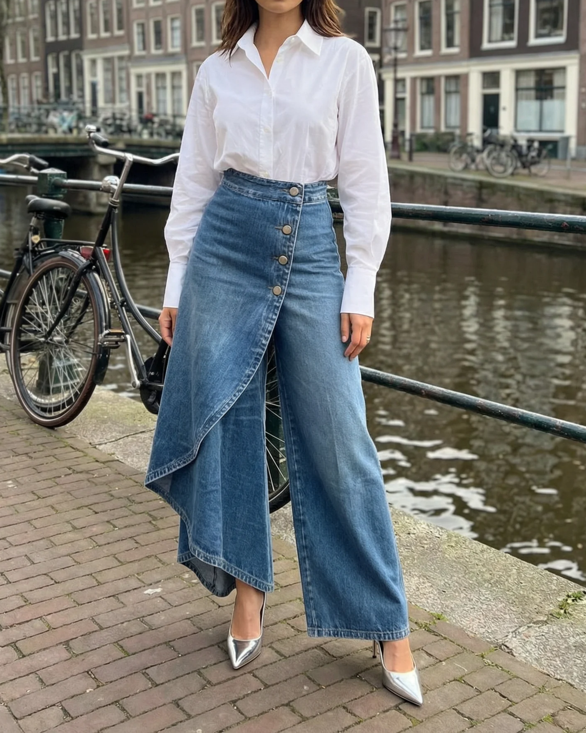 High Waist Ruffle Wrap Overlay Wide Leg Jeans 7