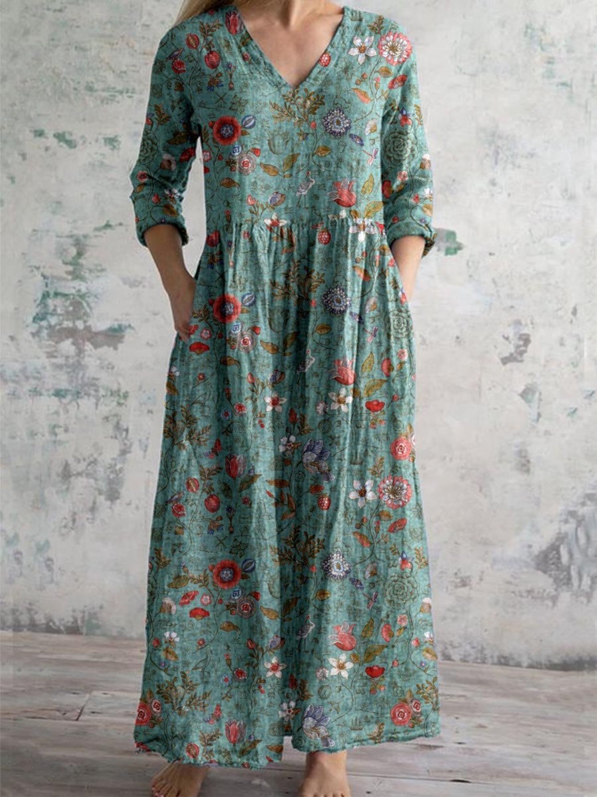 Maxi Floral Print V-Neck 3/4 Sleeve Pocket Summer Dress