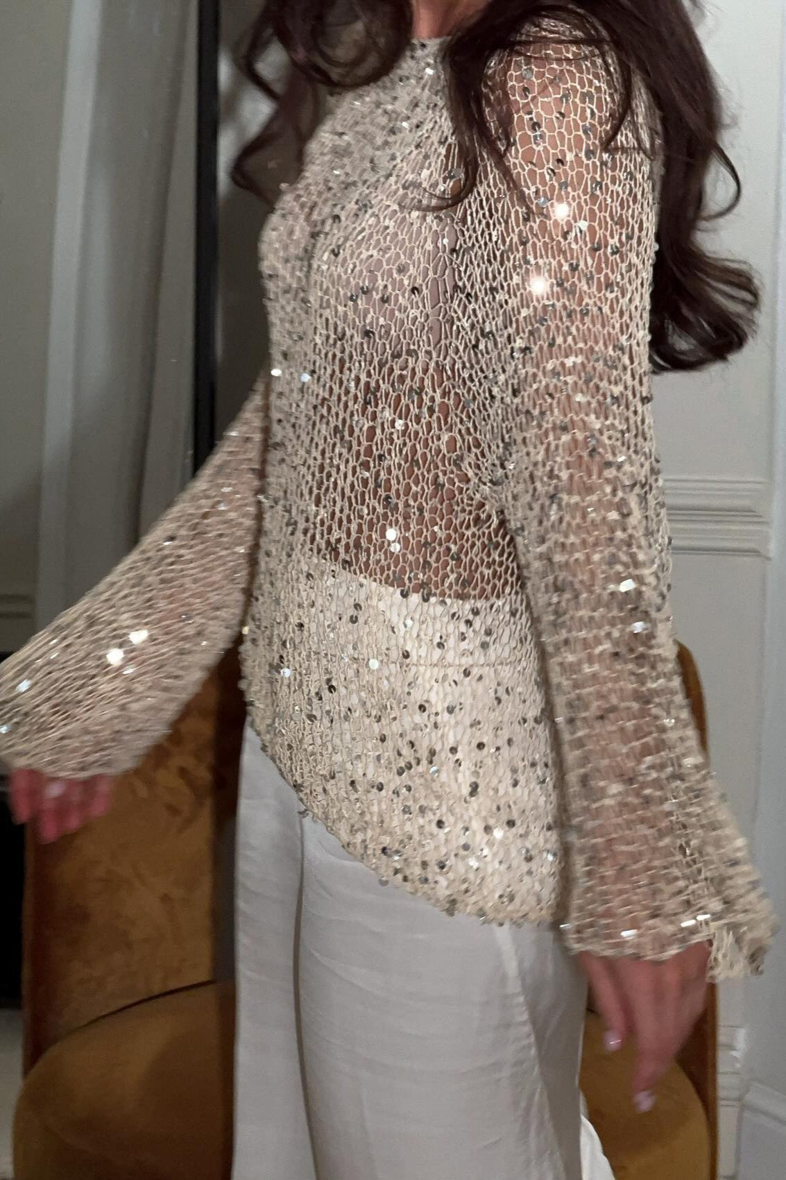 Elegant Sequin Long Sleeve Knit Blouse