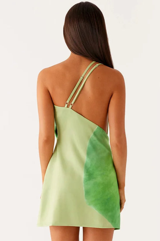 Abstract Print Halter Neck Plunge Satin Mini Dress