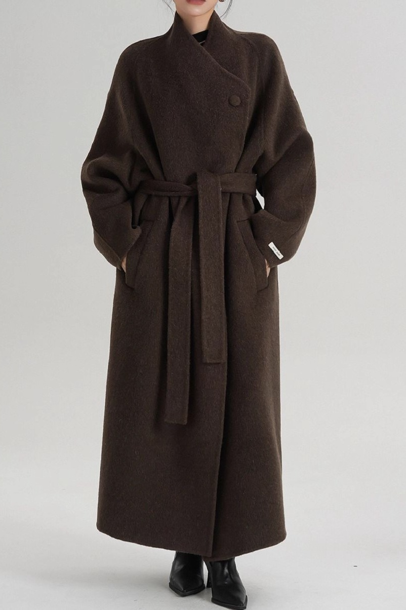 Hepburn Wool Diagonal Button Collar Tied Waist Overcoat - Fashionpara