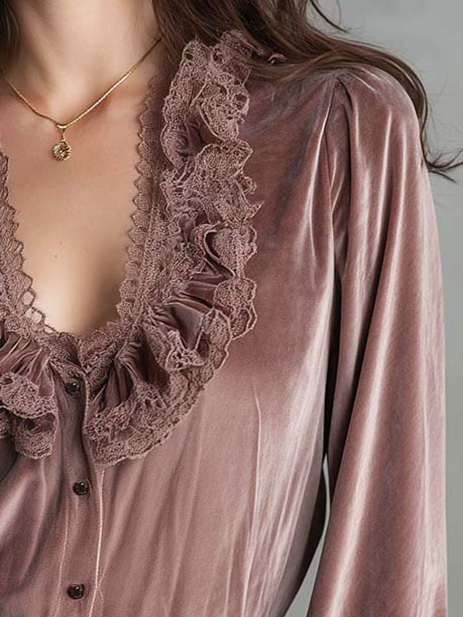 Dusty Rose Velvet Ruffle Blouse With Lace Trim - Fashionpara