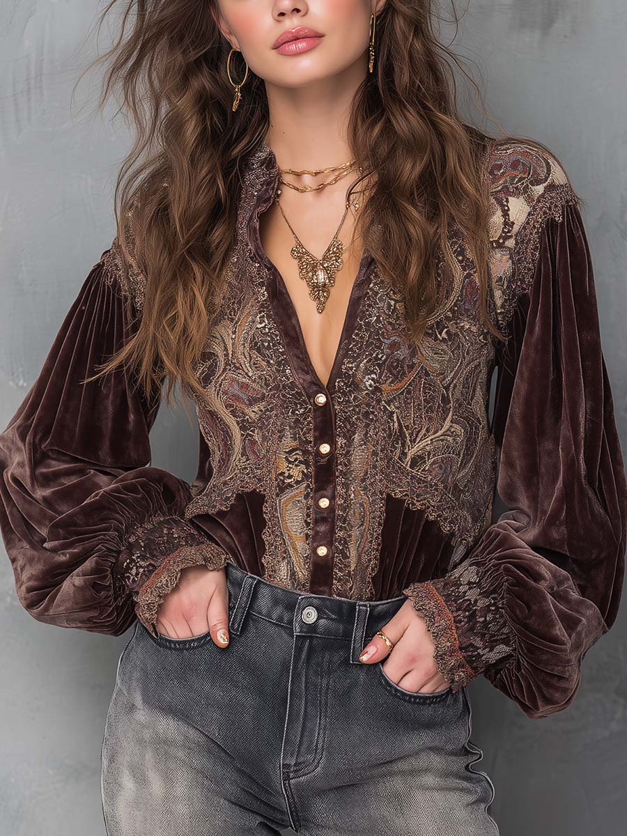 Vintage Velvet Paisley Blouse With Lace Trim - Fashionpara