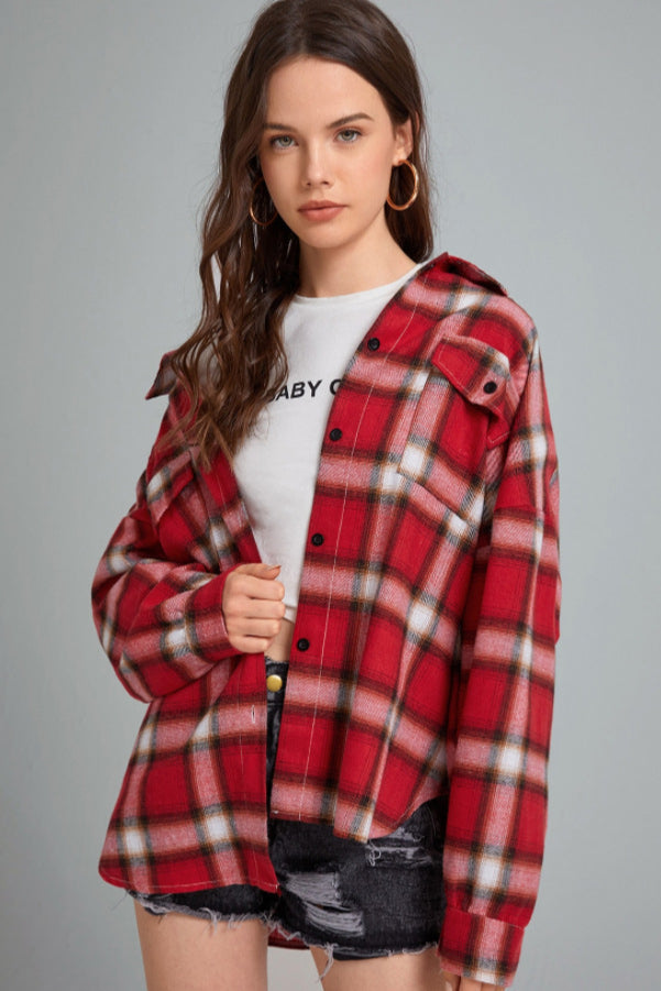 Plaid Stand Collar Button Shirt Blouse - Fashionpara