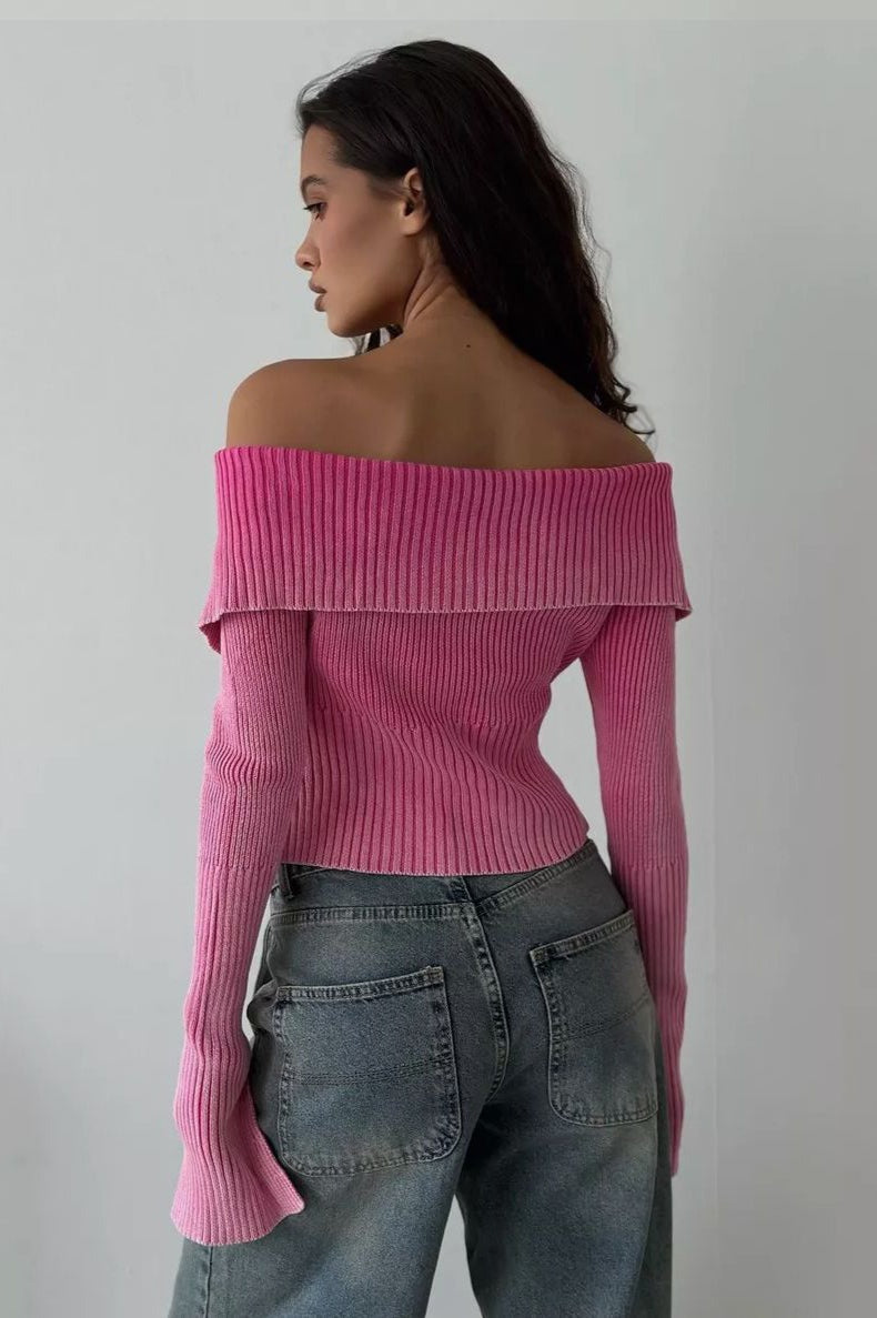 Off Shoulder Zipper Fitted Knit Blouse