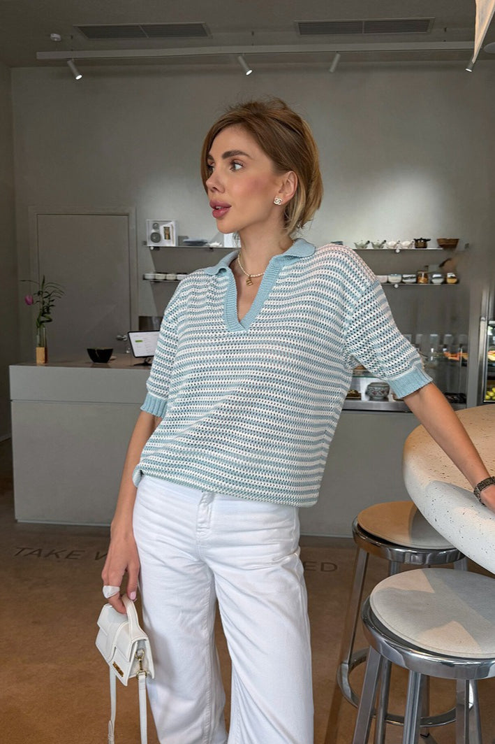 Striped Open Collar Short Sleeve Knit Sweater 7