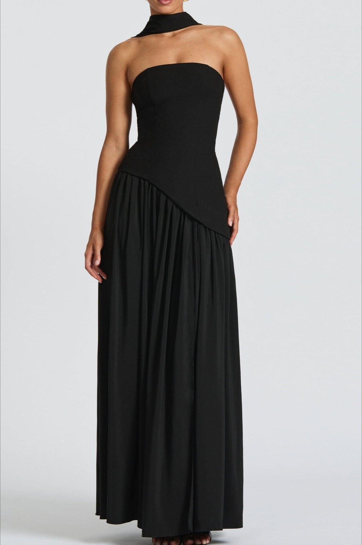 Strapless Choker Neck Asymmetric High-Slit Maxi Dress