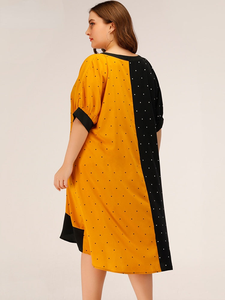 Contrast Color Round Neck Dot Ruffle Hem Dresses 3
