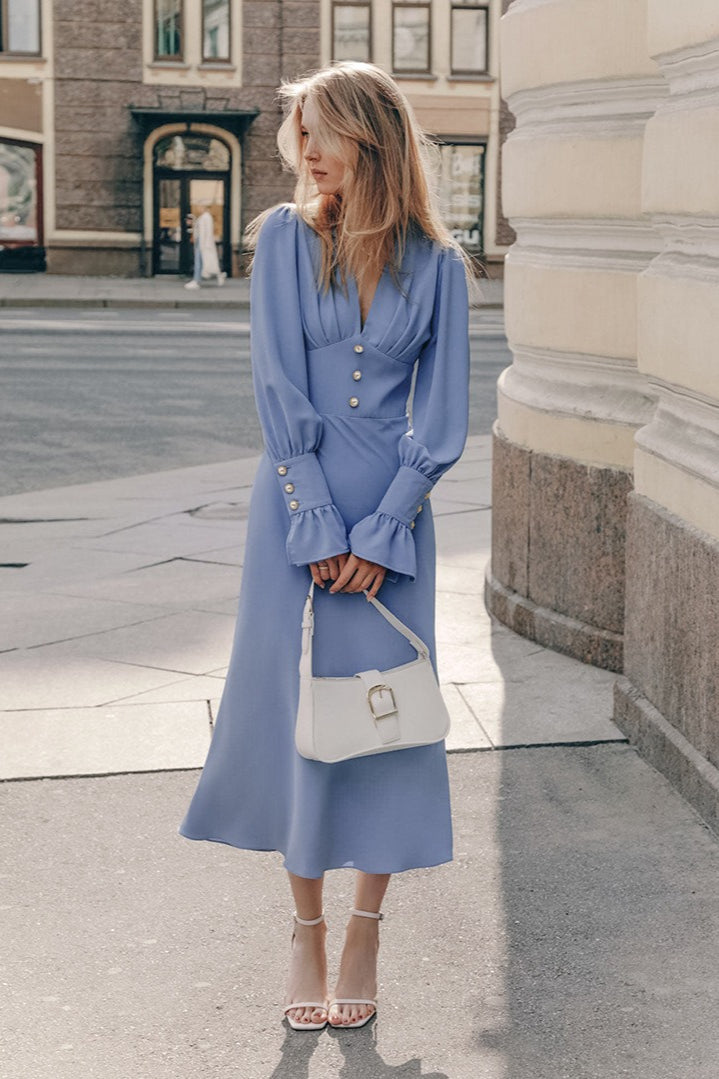 Vintage Lantern Sleeve V-Neck Bodycon Maxi Dress