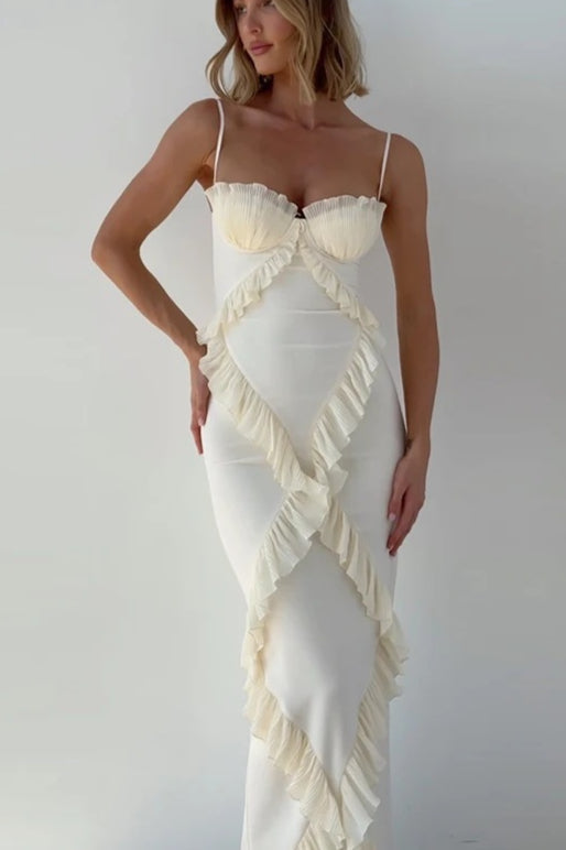 Pleated Bustier Ruffle Trim Bodycon Maxi Dress