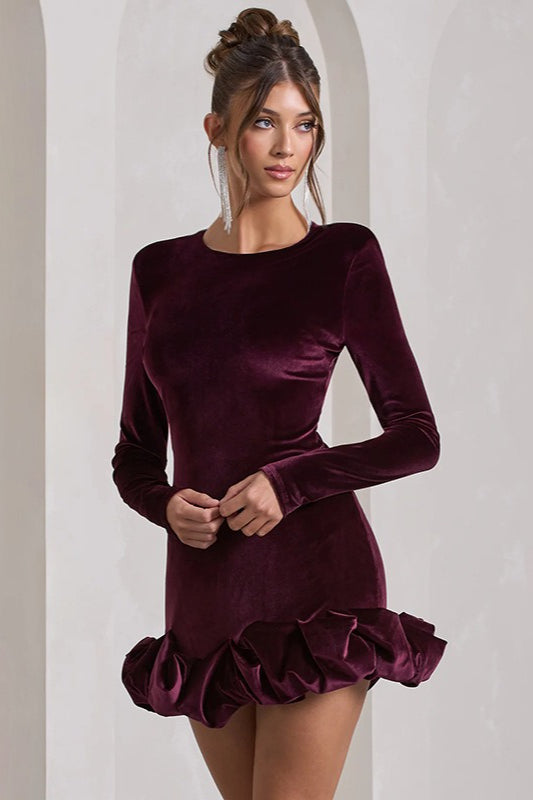 Luxe Velvet Crew Neck Pleated Long Sleeve Mini Dress - View 2