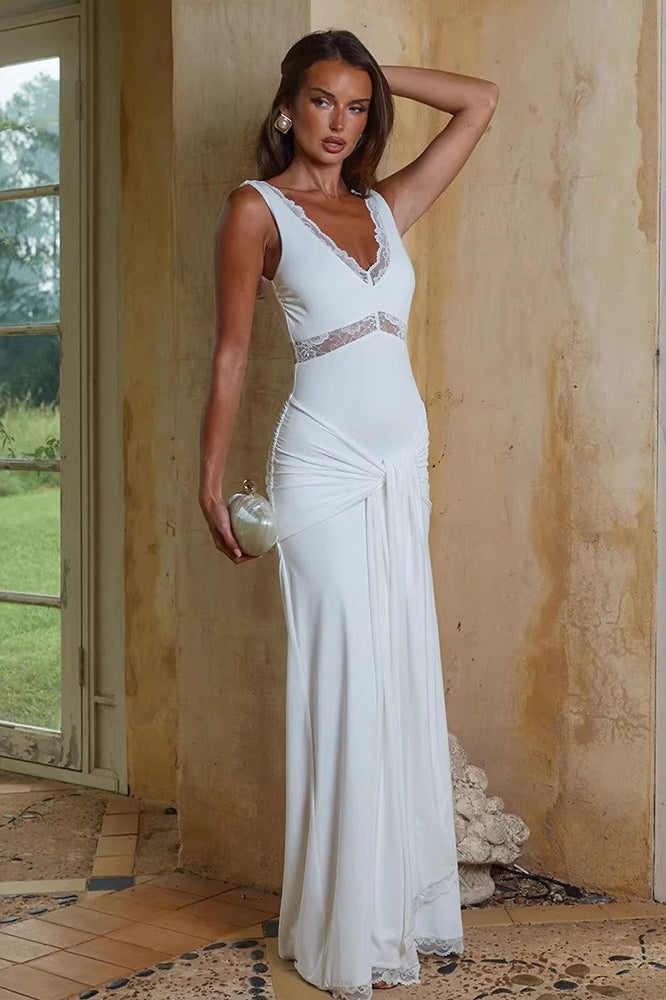 Jersey V-Neck Lace Trim Sleeveless Maxi Dress 4