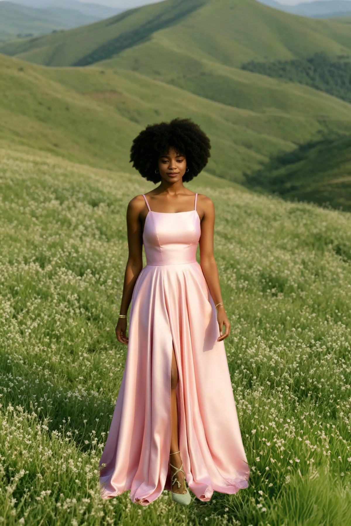 Satin Square Neck High Split A-Line Prom Gown
