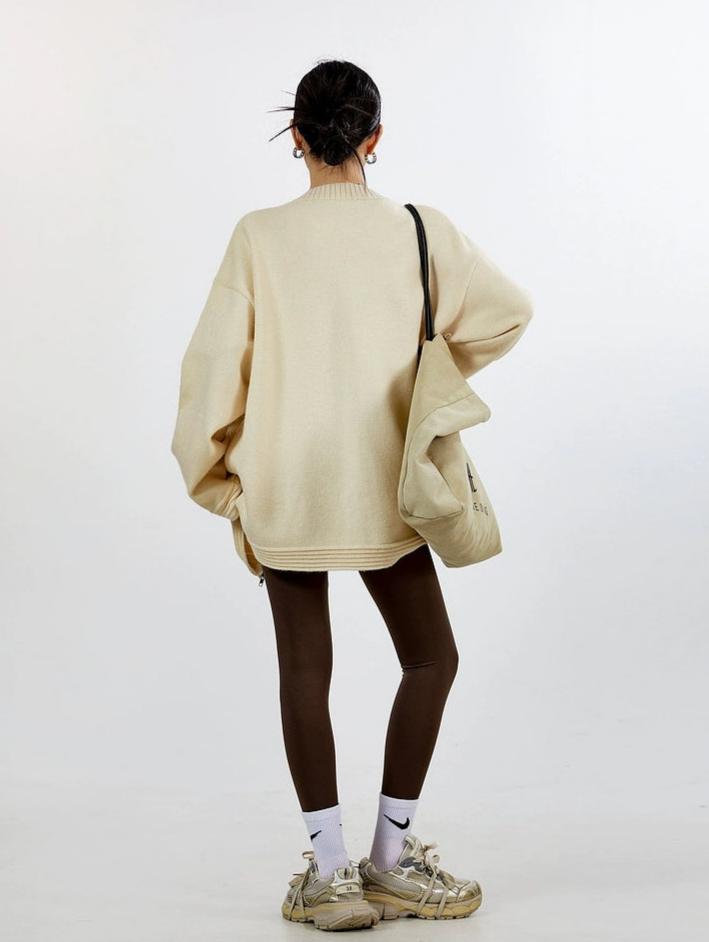 Ribbed Trim Oversized Button Zip Knit Cardigan