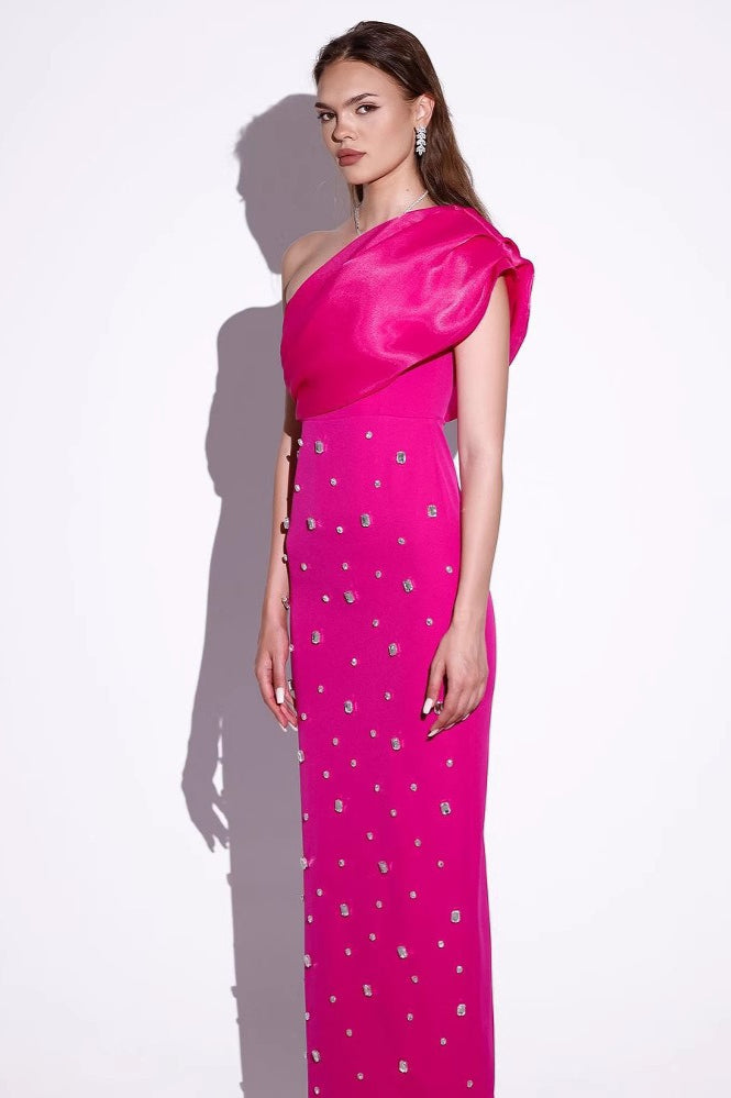 Luxury Asymmetrical Shoulder Rhinestone Bandage Formal Dress
