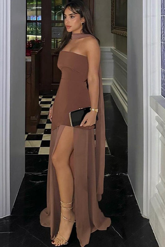 Scarf Neck Strapless Sheer Panel Maxi Dress