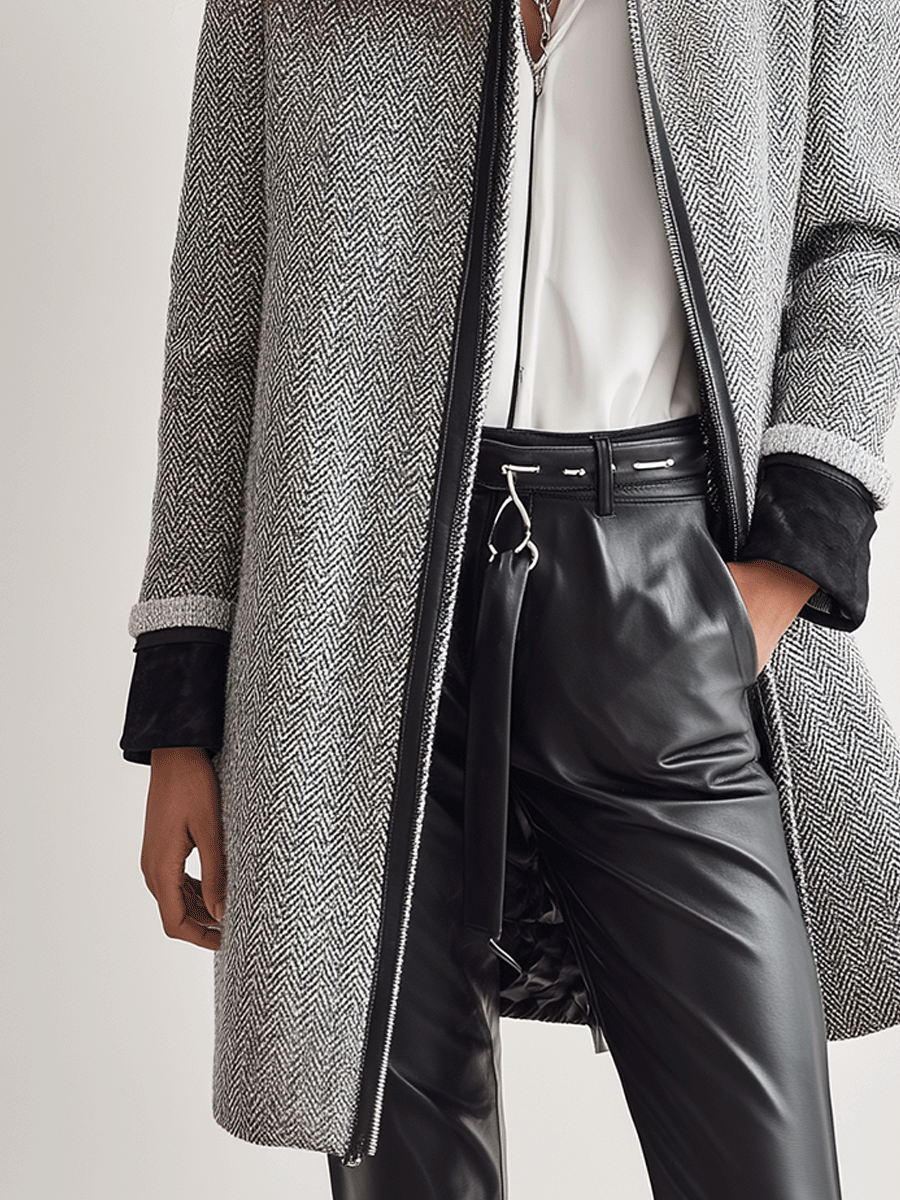 Stylish Grey Herringbone Plaid Winter Minimalist Coat