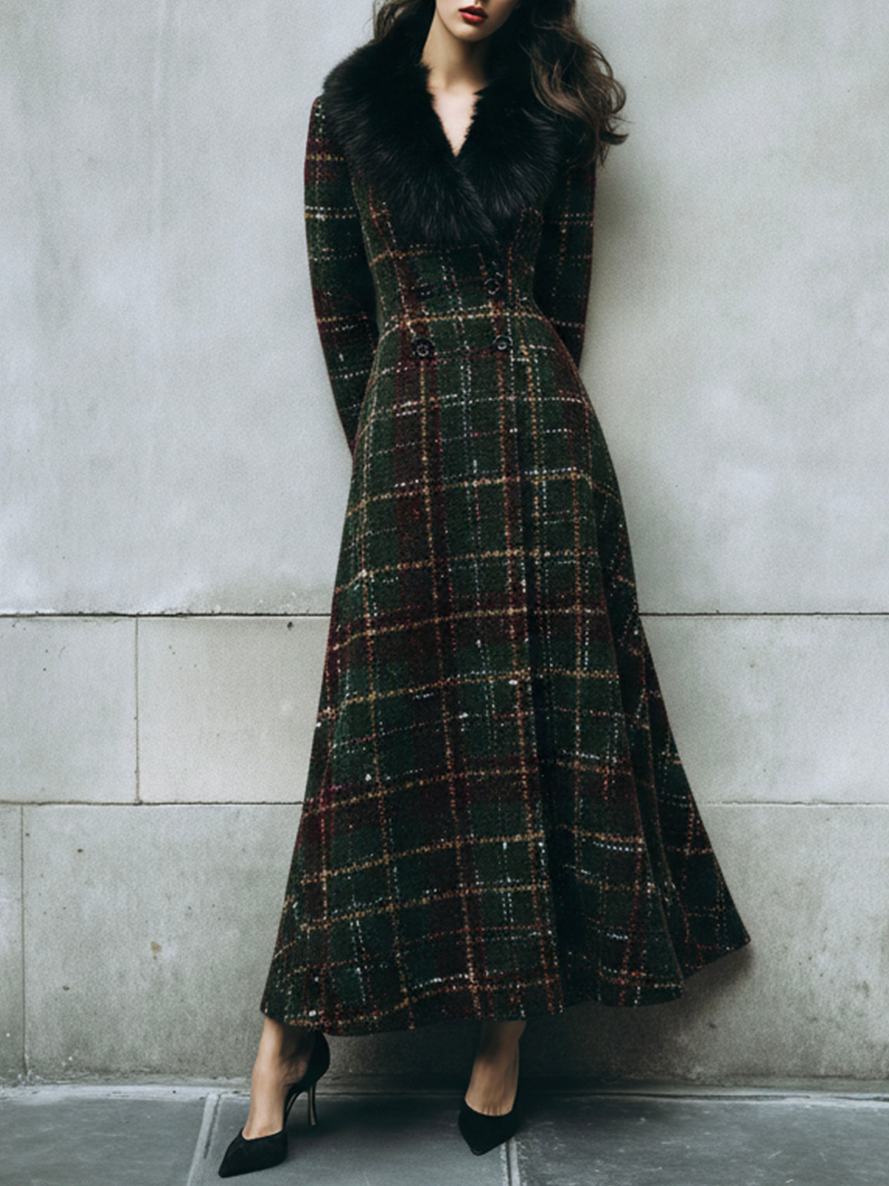 Vintage Plaid Wool Maxi Coat With Eco Fur Collar