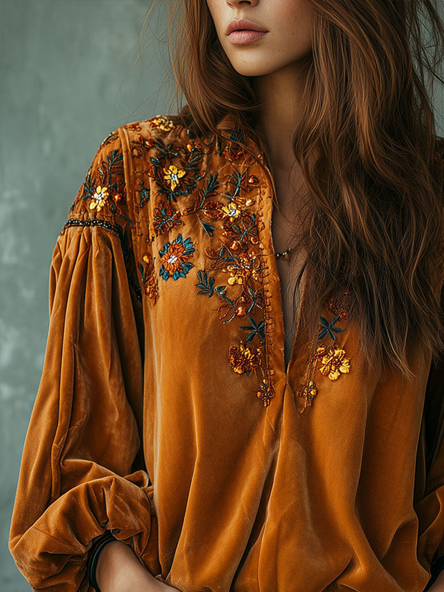 Boho Mustard Yellow Embroidered Velvet Blouse - Fashionpara