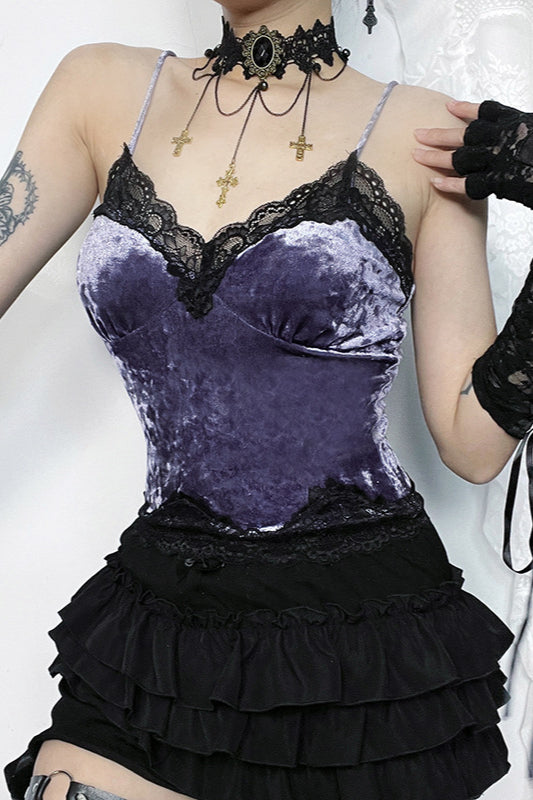 Velvet Lace Trim Gothic Cami Corset - Fashionpara