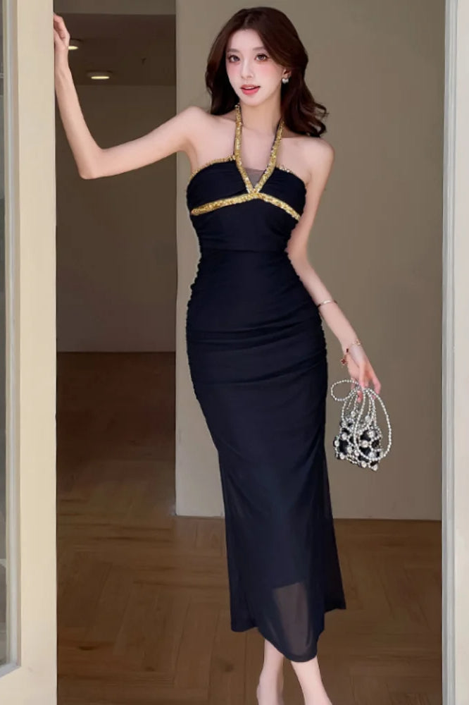 Halter Neck Rhinestone Trim Ruched Bodycon Midi Dress - View 2