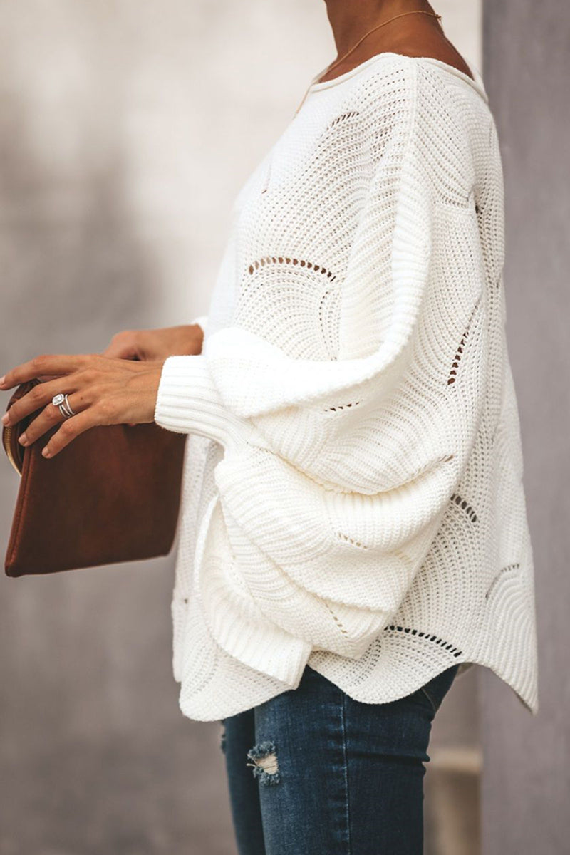 Lantern Sleeve Wide Neck Loose Sweater  Fashionpara