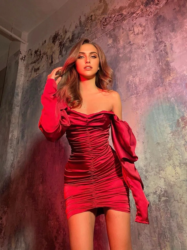 Ruched Satin Off-Shoulder Long Sleeve Bodycon Mini Dress