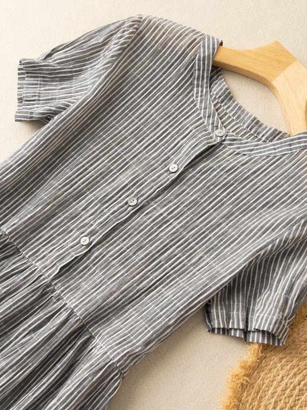 Pinstripe Print Round Neck Button Front Short Sleeve Midi Dress - View 3