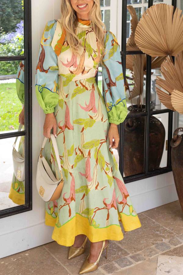 Unique Morning Glory Print Long Sleeve Midi Dress - Fashionpara