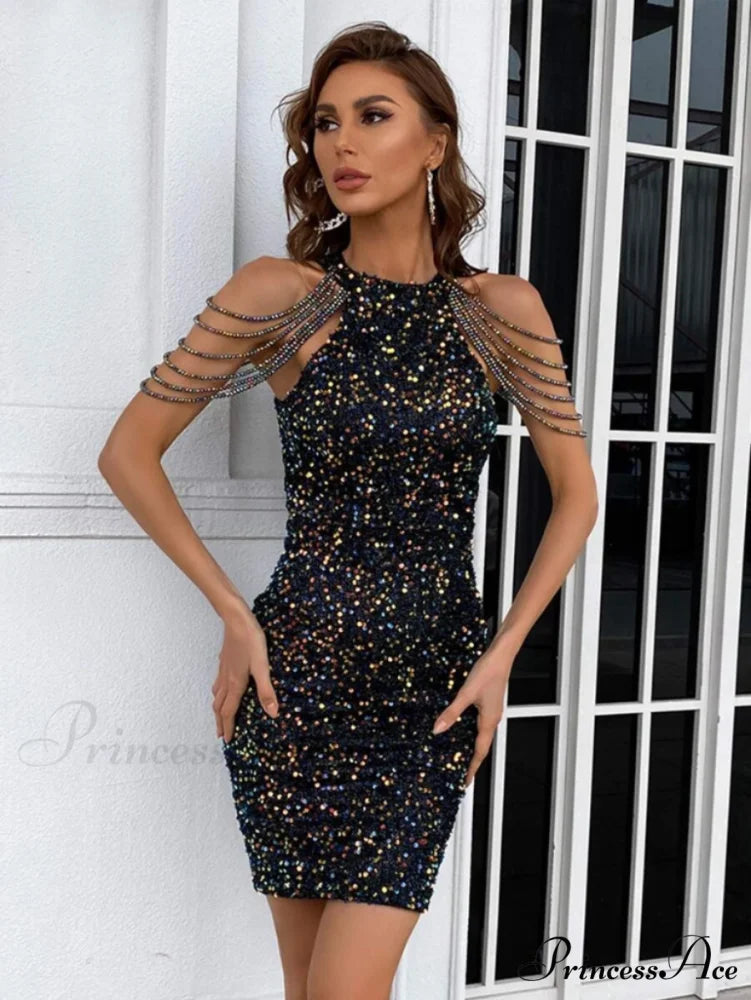 Sequin Halter Neck Beaded Bodycon Mini Dress 12