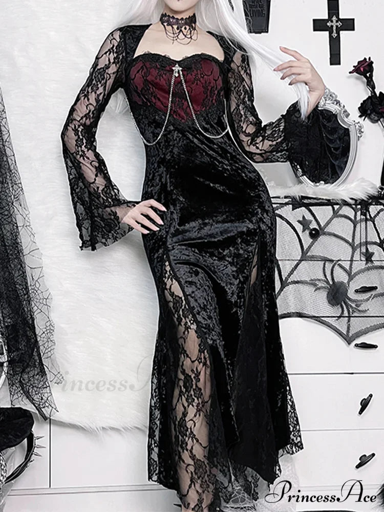Chain Long Gothic Party Velvet High Slit Lace Patchwork Tube Maxi Bodycon Dress