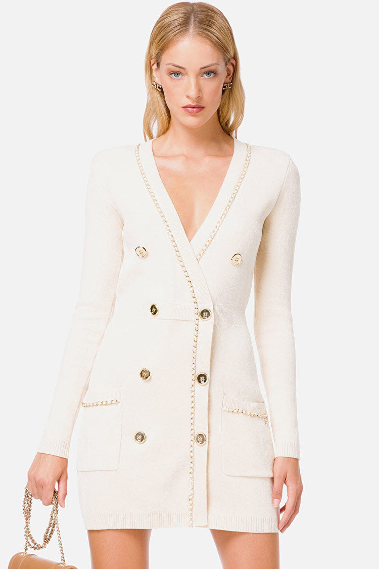 Chained Deep V Long Sleeve Sweater Mini Dress in Cream