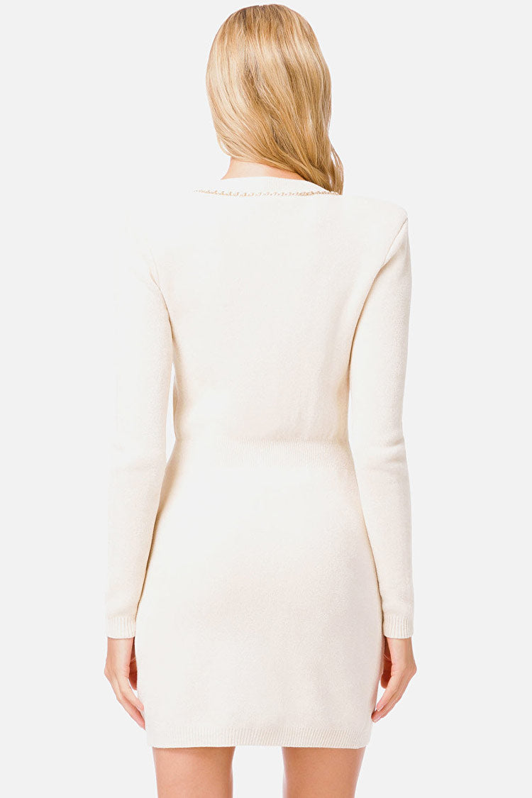 Chained Deep V Long Sleeve Sweater Mini Dress in Cream