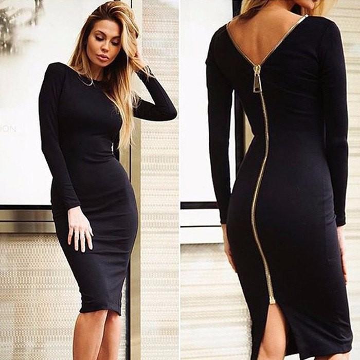 Long Sleeve Bodycon Exposed Zip Back Slit Midi Cocktail Dress - View 4