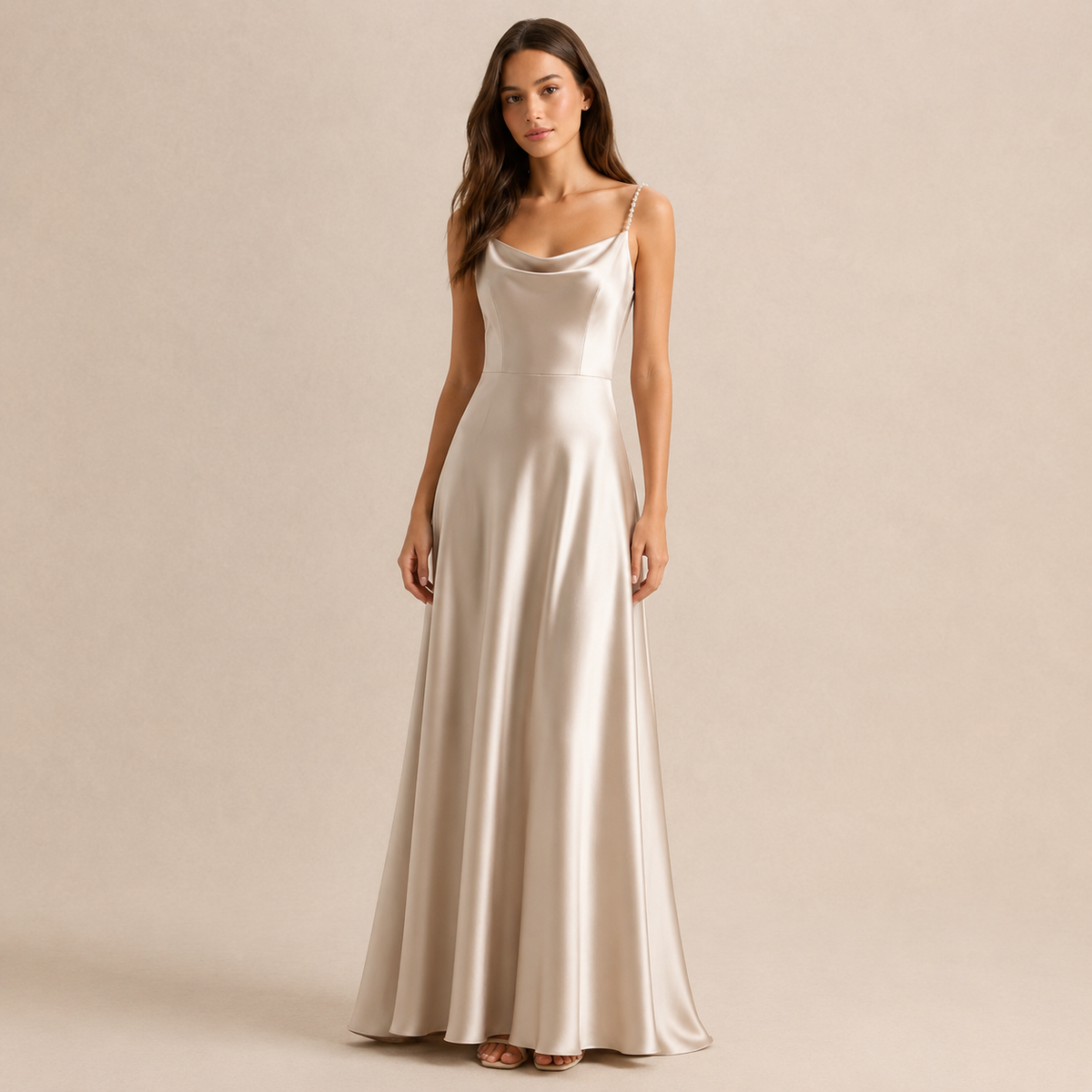 Cowl Neck Pearl Strap Satin Maxi Dress 17