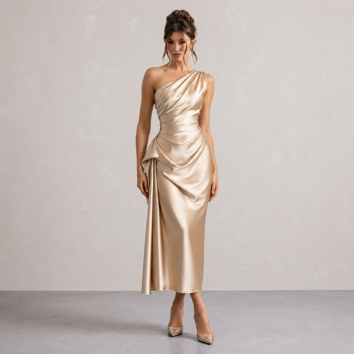 One Shoulder Ruched Draped Satin Midi Dress 4