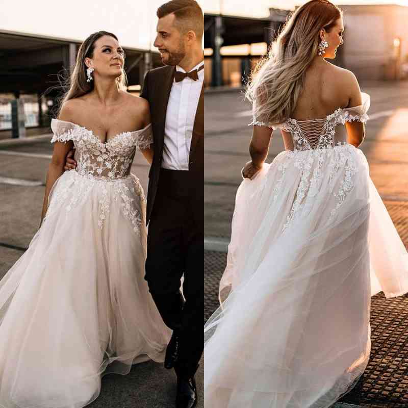 Champagne Off-the-Shoulder Beach Wedding Dress Tulle With Appliques - Fashionpara