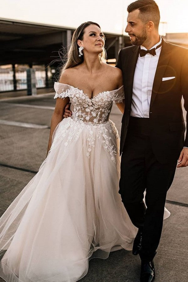 Champagne Off-the-Shoulder Beach Wedding Dress Tulle With Appliques - Fashionpara
