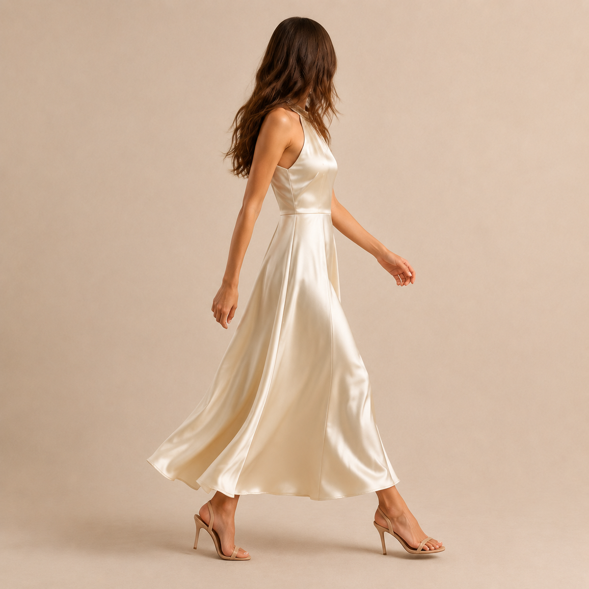 Halter Neck Pearl Trim Satin A-Line Midi Dress 4